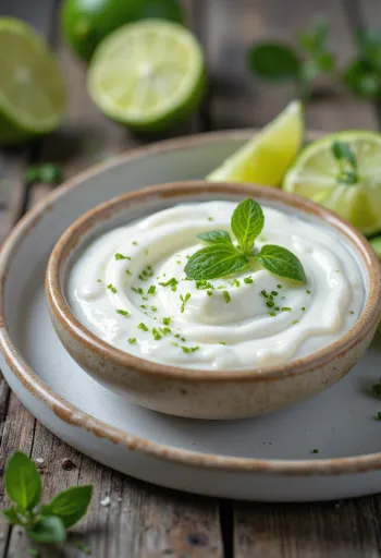 Salsa de yogur al cilantro y lima servida en un bol con cilantro fresco y rodajas de lima