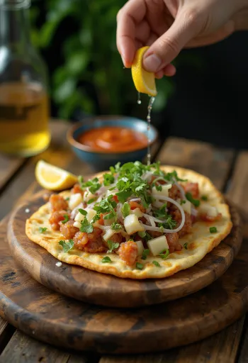 Lahmacun con perejil, masa fina con carne y abundante perejil fresco