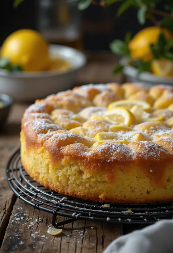 Pastel de almendra y limón servido