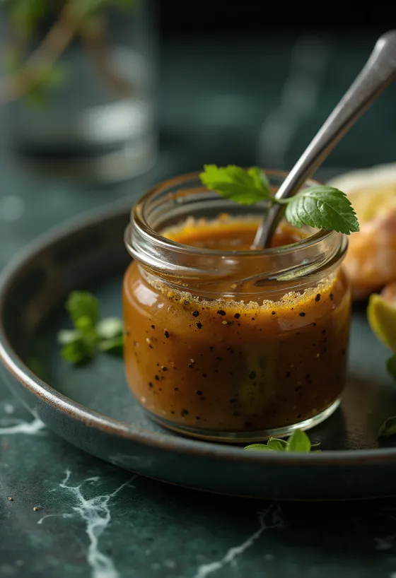 Salsa de mostaza y balsámico servida