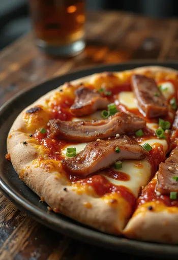 Pizza china con cerdo Char Siu servida