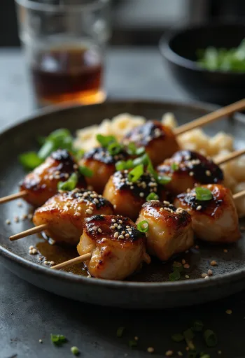 Shiro yakitori con interiores de pollo, servido con sésamo y cebolleta