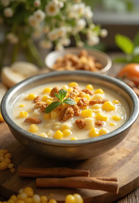 Sweet corn payasam, postre indio de maíz rico y cremoso