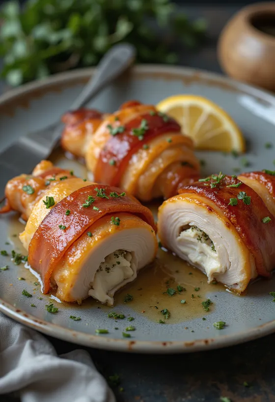 Pechuga de pollo envuelta en bacon servida con verduras al vapor