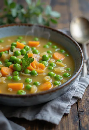Sopa de guisantes fresca decorada con verduras crujientes y perejil