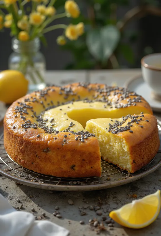 Tarta de semillas de amapola y limón cortada en porciones