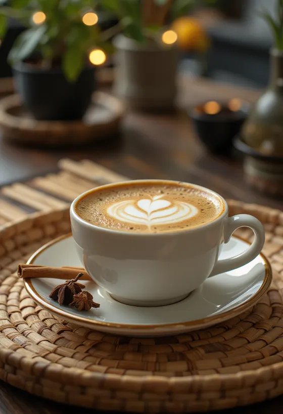 Latte especiado con canela y clavo, decorado con canela en rama y nata