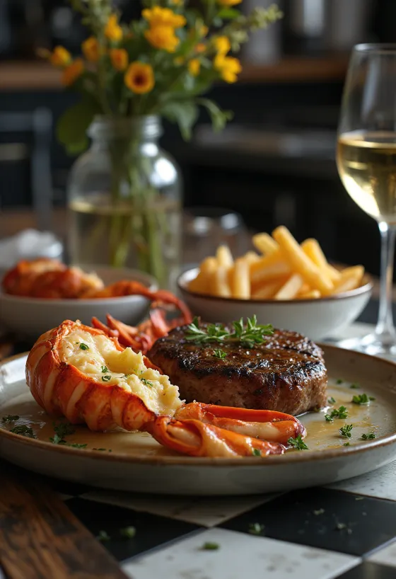 Bogavante y filete a la parrilla, plato de lujo surf and turf