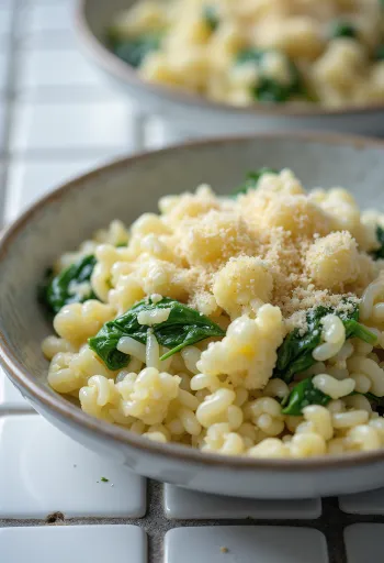 Falso risotto de coliflor con espinacas servido