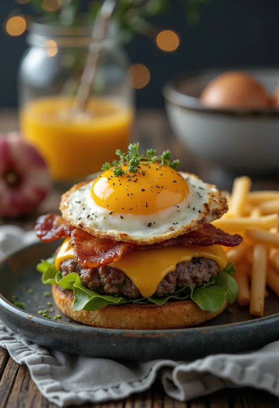 Hamburguesa de desayuno con beicon y huevo