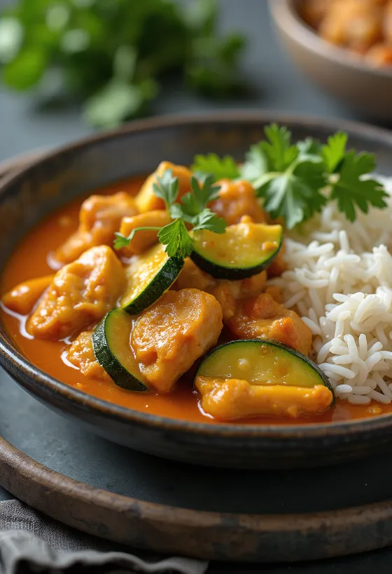 Curry tailandés de pollo servido en un bol