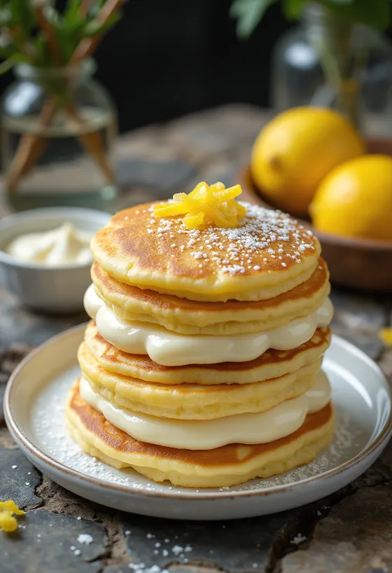 Tarta de crêpes con requesón servida en un plato