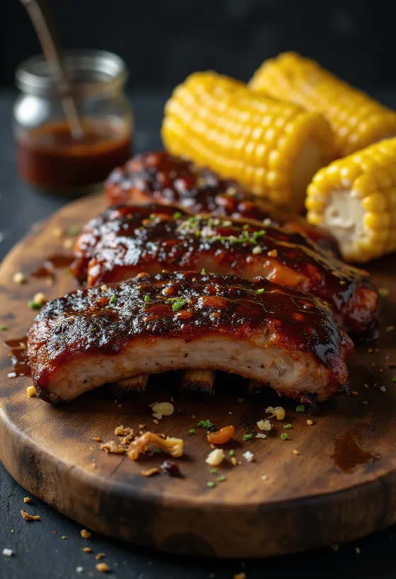 Costillas BBQ servidas con maíz