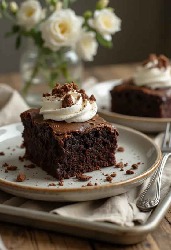 Tarta brownie de chocolate con nata montada y virutas de chocolate
