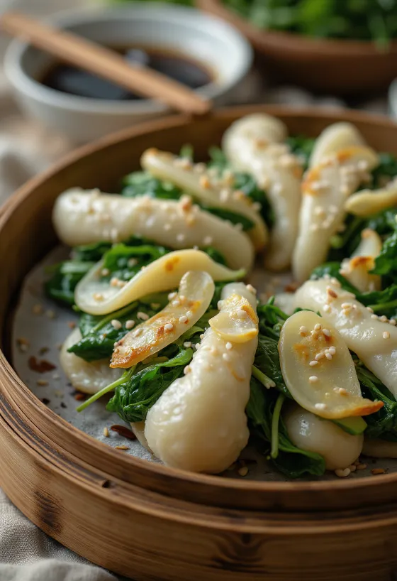 Bao bun de espinacas al ajo servido