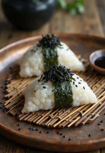 Onigiri triangular con sésamo negro y relleno de kombu