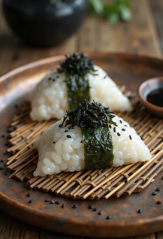 Onigiri triangular con sésamo negro y relleno de kombu
