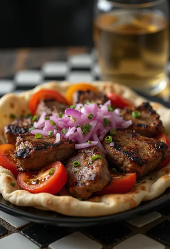 Kuzu Şiş brocheta de cordero servida con verduras a la parrilla y pan plano