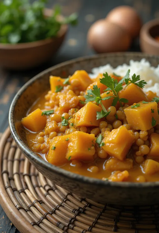 Curry de lentejas con boniato servido
