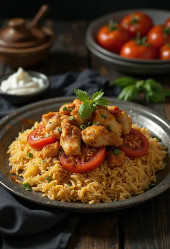 Maqluba con tomate, servido con pollo y arroz
