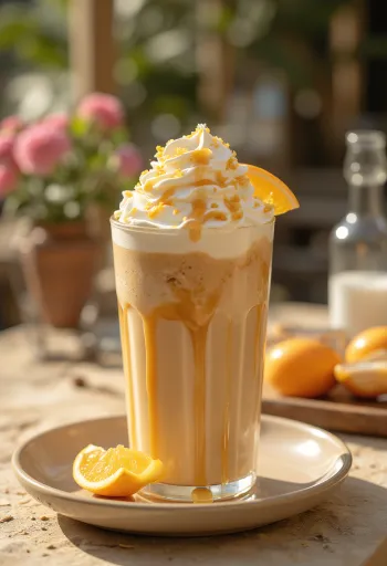 Frappé de naranja y caramelo con nata montada y piel de naranja