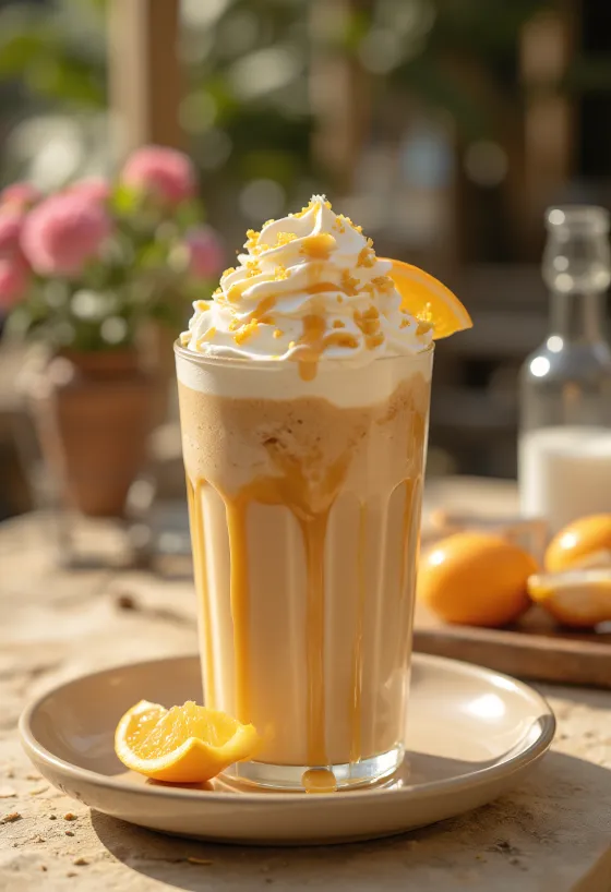 Frappé de naranja y caramelo con nata montada y piel de naranja