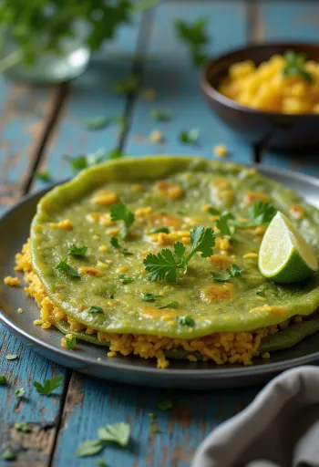 Pesarattu con upma, decorado con cilantro fresco y lima, sabores ricos