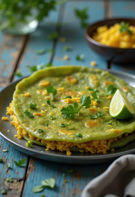 Pesarattu con upma, decorado con cilantro fresco y lima, sabores ricos