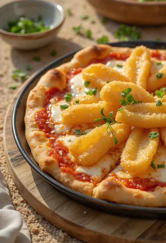 Pizza japonesa con verduras en tempura servida