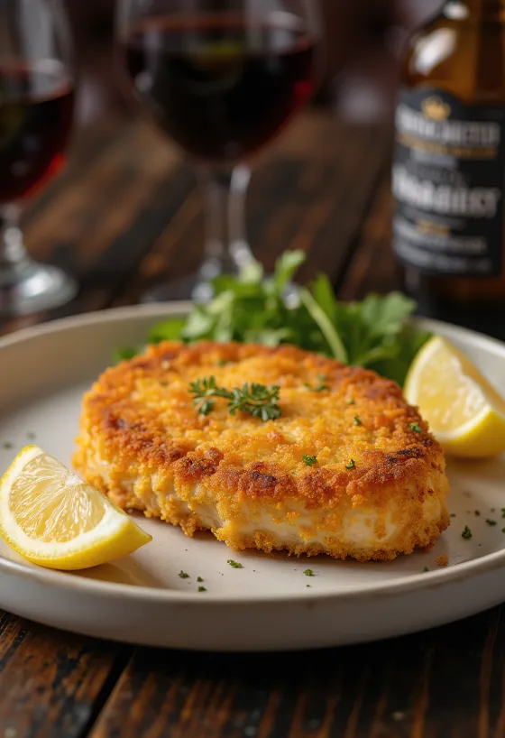 Escalope de cerdo empanado con rebozado dorado servido en plato