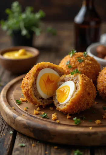 Huevo a la escocesa hecho en airfryer, corte transversal mostrando el interior