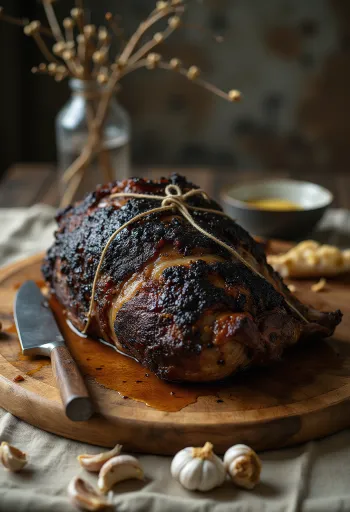 Jabalí asado al espetón con hierbas y verduras asadas