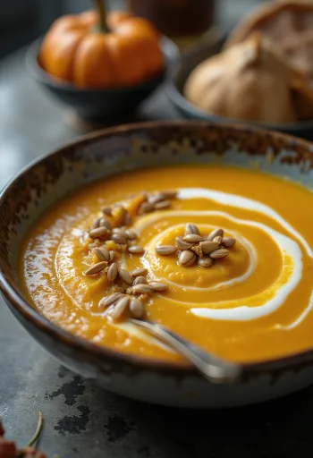 Crema de calabaza de textura suave y sedosa, decorada con pipas tostadas
