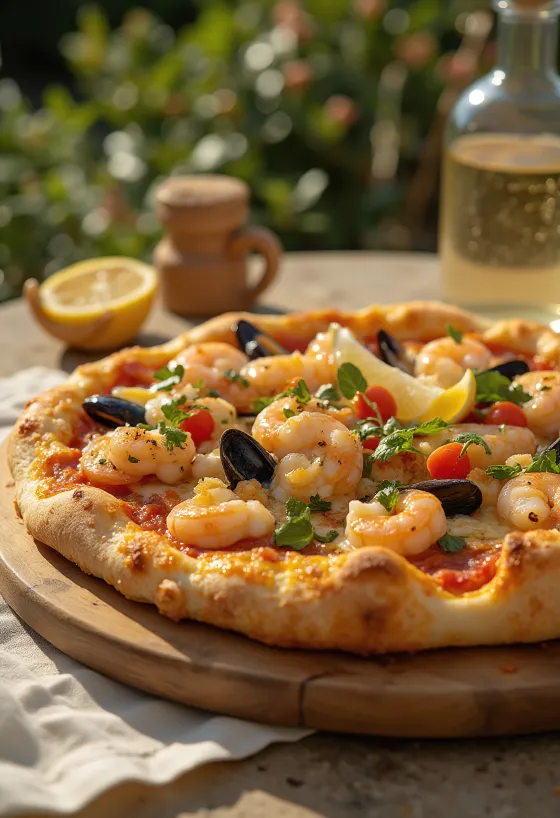 Pizza Frutti di Mare con borde relleno servida