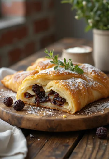Strudel de requesón con pasas servido con azúcar glas