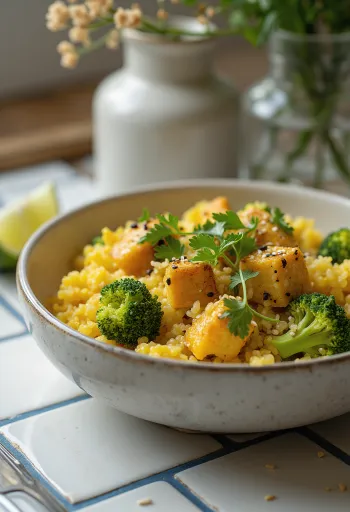 Curry de quinoa con brócoli y tofu
