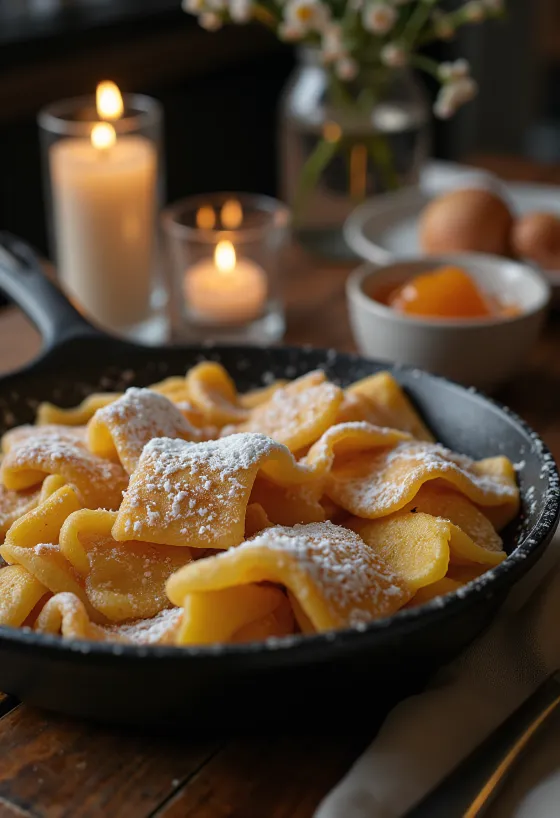 Kaiserschmarrn clásico dorado, espolvoreado con azúcar glas y servido con mermelada.