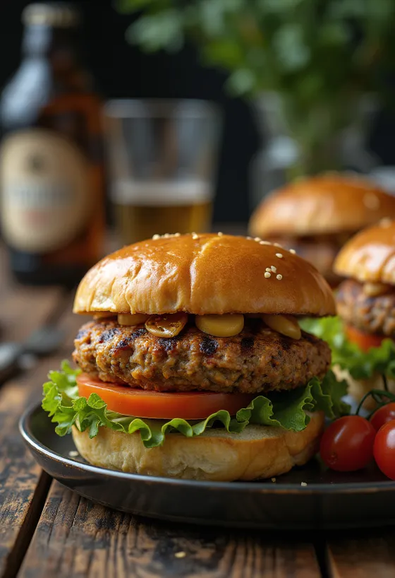 Hamburguesas de lentejas con carne picada a la parrilla, servidas con verduras frescas y salsas