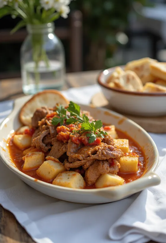 Iskender kebab con pan tostado, salsa de yogur al ajo y pita tostada