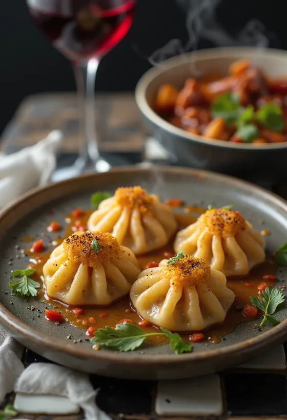Khinkali picante con chile, plato especiado con cilantro fresco
