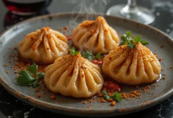 Khinkali picante con chile, plato especiado con cilantro fresco