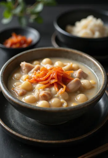 Kongbiji jjigae, alubias blancas, tofu y kimchi en el bol, sabores ricos y decoración de cebolleta