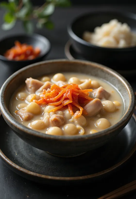 Kongbiji jjigae, alubias blancas, tofu y kimchi en el bol, sabores ricos y decoración de cebolleta