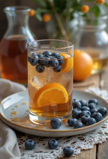 Sidra con arándanos y miel decorada con naranja y arándanos