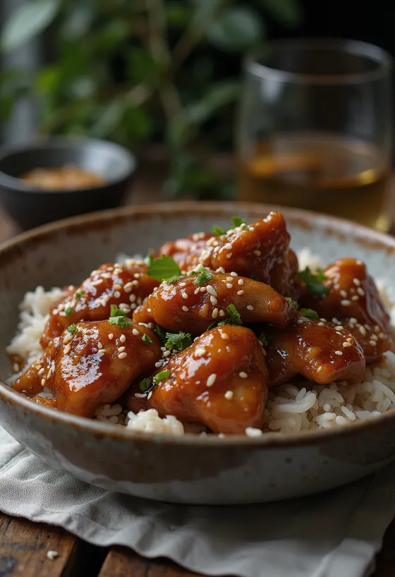 Pollo a la miel dorado, espolvoreado con sésamo y hierbas frescas