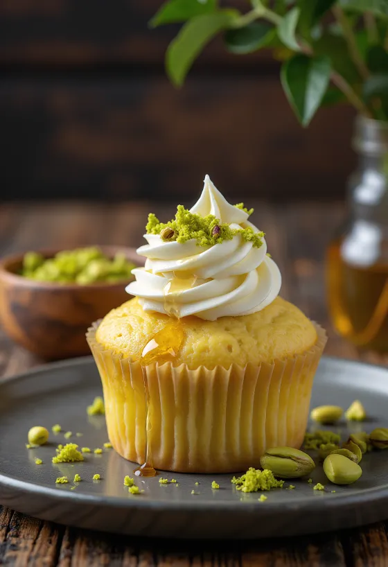 Cupcake de miel y pistacho servido