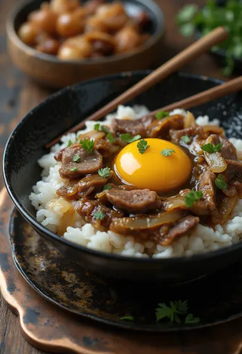 Donburi de cerdo con Onsen Tamago, con cilantro fresco