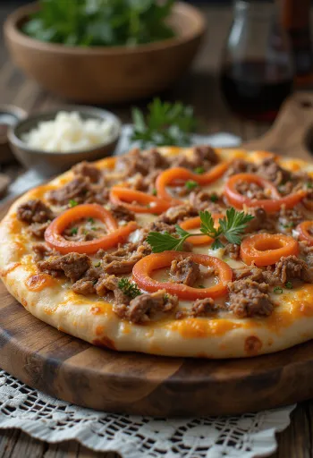 Pizza estilo kazajo con carne de ternera o caballo
