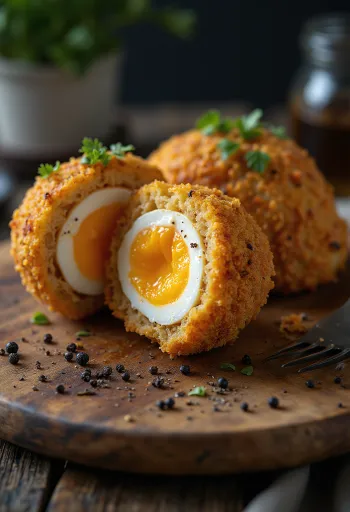 Huevo escocés con panko, en rebozado crujiente, con interior de huevo