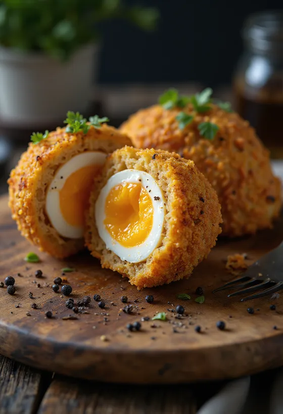 Huevo escocés con panko, en rebozado crujiente, con interior de huevo